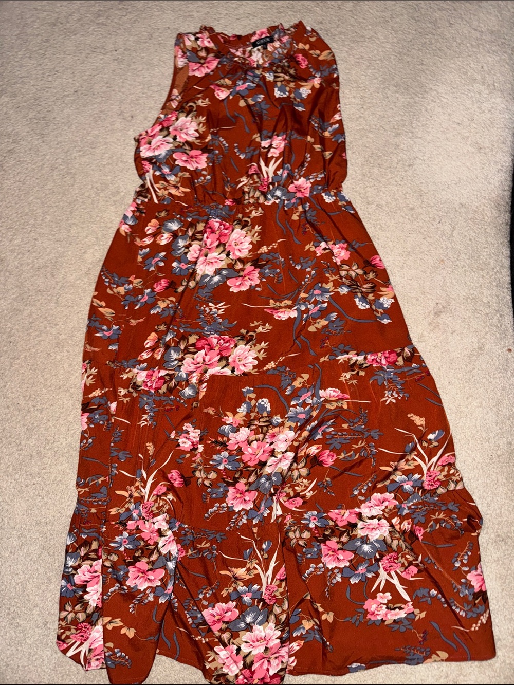 Rust Floral Maxi Dress with Pink Blossom Print